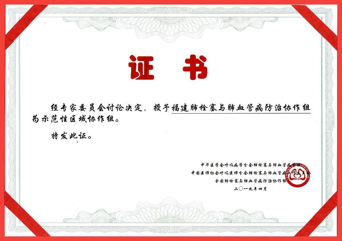 我院邓朝胜教授牵头的福建肺栓塞与肺血管病防治协作组 被授予“全国示范性区域协作组”