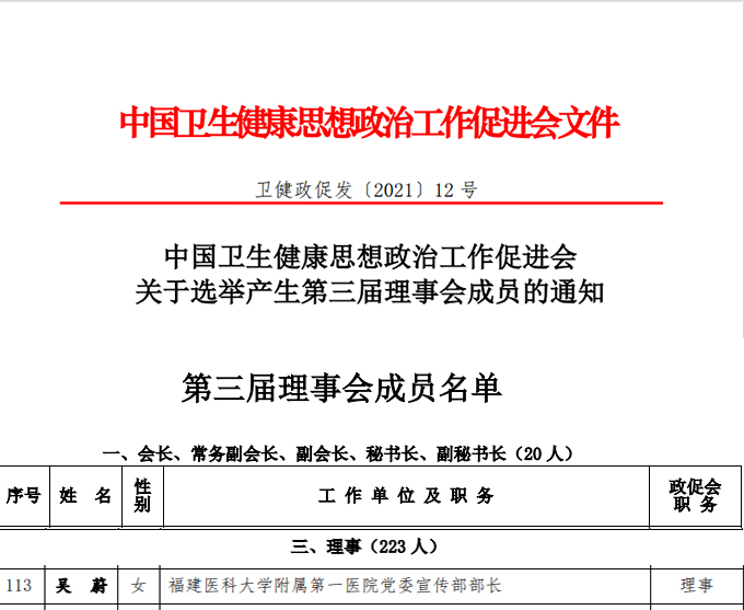 【附一人才】我院党委宣传部部长吴蔚当选中国卫生健康思想政治工作促进会第三届理事会成员